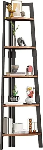ALISENED 5 Tier Corner Shelf, 68.9" Wood Tall Ladder Bookshelf, Industrial Plant Stand Storage Shelving with Metal Frame for Bedroom, Library, Living Room, Home, Office, Rustic Brown - Image 9