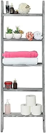 ExoLiry Rustic Stone Gray Wood Wall Leaning Ladder Wooden Display Rack 4.5 Feet Blanket Quilt Scarf Towel Laundry Decor 5 Rungs Farmhouse Country Style Home Bathroom Kitchen Bedroom Living Room - Image 6