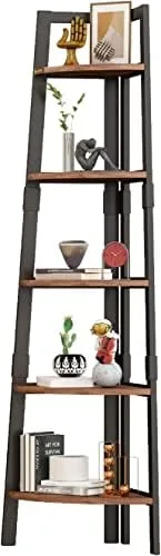ALISENED 5 Tier Corner Shelf, 68.9" Wood Tall Ladder Bookshelf, Industrial Plant Stand Storage Shelving with Metal Frame for Bedroom, Library, Living Room, Home, Office, Rustic Brown - Image 8