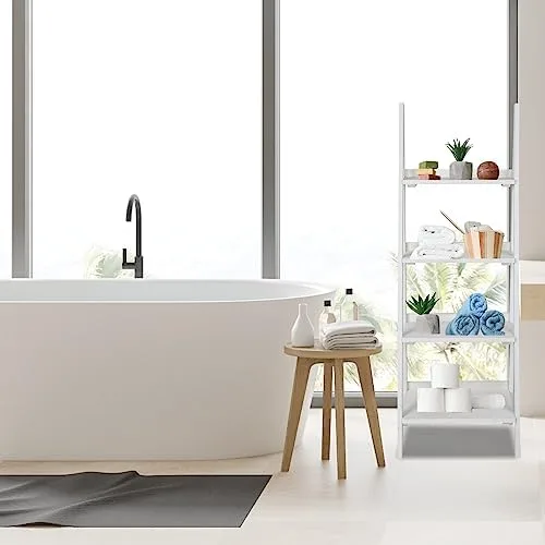 ECOMEX 4 Tier Ladder Shelf, Wooden Ladder Shelf 4 Tier Bookshelf Rustic Ladder Shelf Freestanding Storage Rack for Home Bedroom Office, Non-Foldable White - Image 7