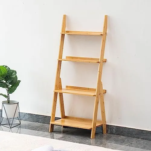 DOUSY 4-Tier Ladder Shelf, Bamboo Ladder Bookshelf Leaning Bookshelf Trapezoid Bookshelf Storage Rack Shelf for Living Room, Kitchen, Bathroom, Home Office, Natural - Image 5