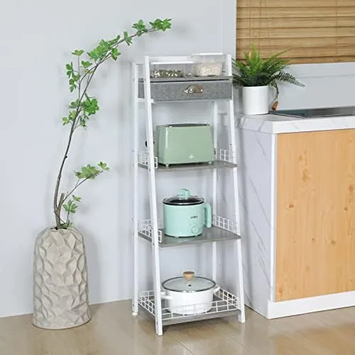 keomaisyto 4-Tier Elegant Ladder Shelf, Bathroom Storage Shelf, Ladder Bookshelf with Drawer, Freestanding Storage Shelves for Bathroom Living Room Study Office, White - Image 8