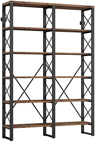 IRONCK Bookshelf Double Wide 6-Tier 76" H, Open Large Bookcase, Industrial Style Shelves, Wood and Metal Bookshelves for Home Office, Easy Assembly - Image 2