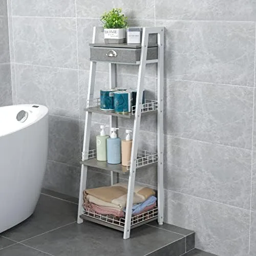 keomaisyto 4-Tier Elegant Ladder Shelf, Bathroom Storage Shelf, Ladder Bookshelf with Drawer, Freestanding Storage Shelves for Bathroom Living Room Study Office, White - Image 3