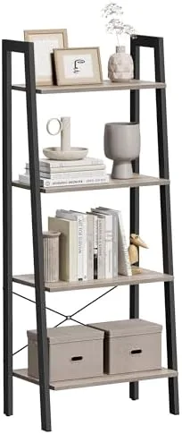VASAGLE Ladder Shelf, 4-Tier Bookshelf, Storage Rack, Bookcase with Steel Frame, for Living Room, Home Office, Kitchen, Bedroom, Industrial Style, Greige and Black ULLS44MB - Image 2