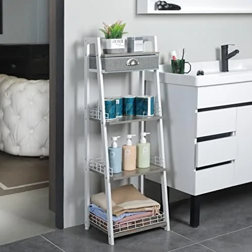 keomaisyto 4-Tier Elegant Ladder Shelf, Bathroom Storage Shelf, Ladder Bookshelf with Drawer, Freestanding Storage Shelves for Bathroom Living Room Study Office, White - Image 6