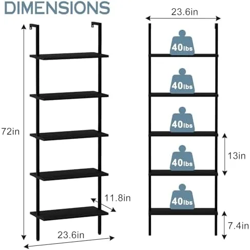 aboxoo Ladder Shelf Open Bookshelf 5-Tier Wall-Mounted Black Wood Bookcase Storage Rack Open Industrial Modern Plant Stand Utility Organizer Bookcase Metal Frame Furniture Office Kitchen Bedroom - Image 4