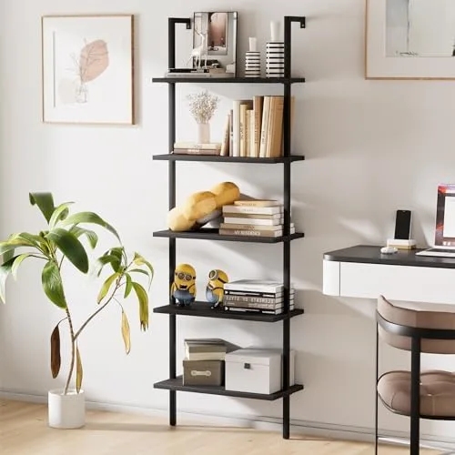 aboxoo Ladder Shelf Open Bookshelf 5-Tier Wall-Mounted Black Wood Bookcase Storage Rack Open Industrial Modern Plant Stand Utility Organizer Bookcase Metal Frame Furniture Office Kitchen Bedroom - Image 6