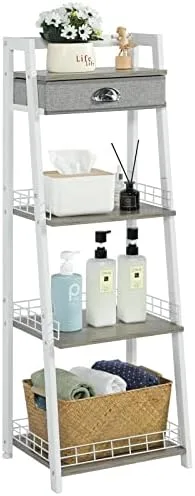 keomaisyto 4-Tier Elegant Ladder Shelf, Bathroom Storage Shelf, Ladder Bookshelf with Drawer, Freestanding Storage Shelves for Bathroom Living Room Study Office, White - Image 2