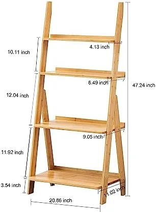 DOUSY 4-Tier Ladder Shelf, Bamboo Ladder Bookshelf Leaning Bookshelf Trapezoid Bookshelf Storage Rack Shelf for Living Room, Kitchen, Bathroom, Home Office, Natural - Image 3