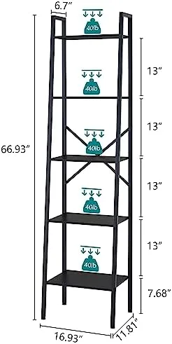 Hoctieon 5-Tier Industrial Ladder Bookshelf, Narrow Ladder Shelf, Tall Standing Bookshelf, Skinny Open Ladder Shelf, for Living Room, Home Office, Kitchen, Bedroom, Metal Frame, Black - Image 4