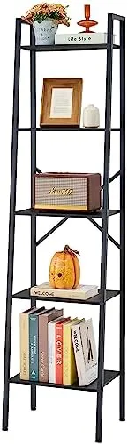 Hoctieon 5-Tier Industrial Ladder Bookshelf, Narrow Ladder Shelf, Tall Standing Bookshelf, Skinny Open Ladder Shelf, for Living Room, Home Office, Kitchen, Bedroom, Metal Frame, Black - Image 2