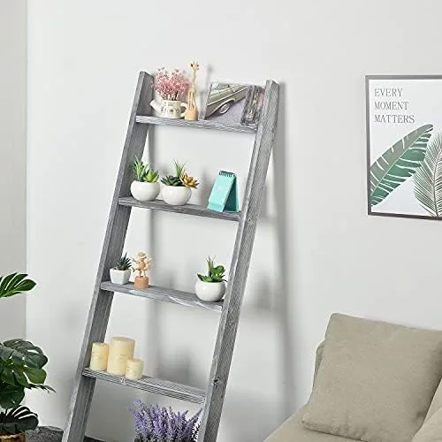 ExoLiry Rustic Stone Gray Wood Wall Leaning Ladder Wooden Display Rack 4.5 Feet Blanket Quilt Scarf Towel Laundry Decor 5 Rungs Farmhouse Country Style Home Bathroom Kitchen Bedroom Living Room - Image 5