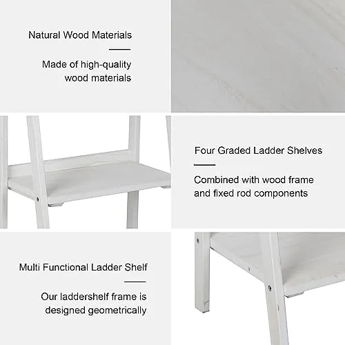 ECOMEX 4 Tier Ladder Shelf, Wooden Ladder Shelf 4 Tier Bookshelf Rustic Ladder Shelf Freestanding Storage Rack for Home Bedroom Office, Non-Foldable White - Image 6