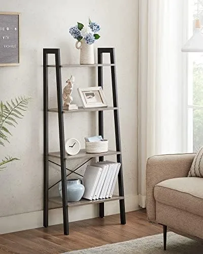 VASAGLE Ladder Shelf, 4-Tier Bookshelf, Storage Rack, Bookcase with Steel Frame, for Living Room, Home Office, Kitchen, Bedroom, Industrial Style, Greige and Black ULLS44MB - Image 5