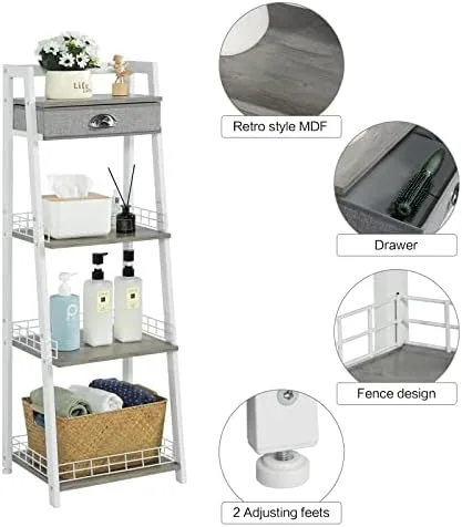 keomaisyto 4-Tier Elegant Ladder Shelf, Bathroom Storage Shelf, Ladder Bookshelf with Drawer, Freestanding Storage Shelves for Bathroom Living Room Study Office, White - Image 5