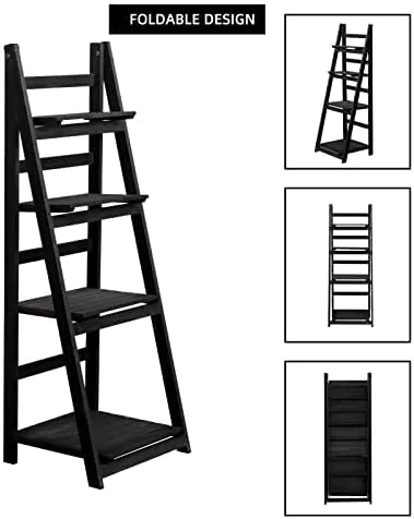 Babion Ladder Shelf, 4-Tier Bookshelf, Industrial Leaning Bookshelves Ladder Bookcase Wooden Shelf with Stable Frame Plant Stand Storage Rack Shelf for Kitchen, Bathroom-Black - Image 9