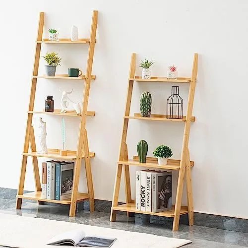 DOUSY 4-Tier Ladder Shelf, Bamboo Ladder Bookshelf Leaning Bookshelf Trapezoid Bookshelf Storage Rack Shelf for Living Room, Kitchen, Bathroom, Home Office, Natural - Image 7