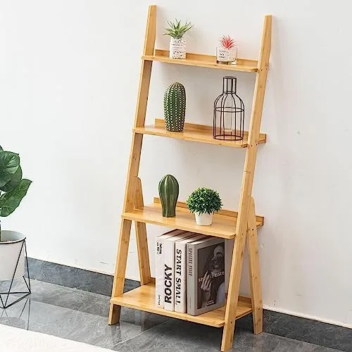 DOUSY 4-Tier Ladder Shelf, Bamboo Ladder Bookshelf Leaning Bookshelf Trapezoid Bookshelf Storage Rack Shelf for Living Room, Kitchen, Bathroom, Home Office, Natural - Image 4