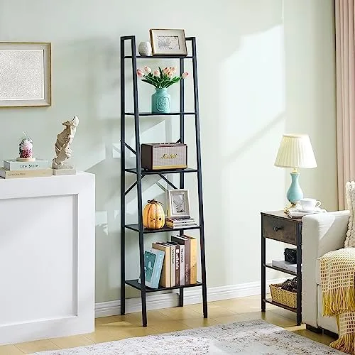 Hoctieon 5-Tier Industrial Ladder Bookshelf, Narrow Ladder Shelf, Tall Standing Bookshelf, Skinny Open Ladder Shelf, for Living Room, Home Office, Kitchen, Bedroom, Metal Frame, Black - Image 8