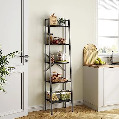 Hoctieon 5-Tier Industrial Ladder Bookshelf, Narrow Ladder Shelf, Tall Standing Bookshelf, Skinny Open Ladder Shelf, for Living Room, Home Office, Kitchen, Bedroom, Metal Frame, Black - Image 3