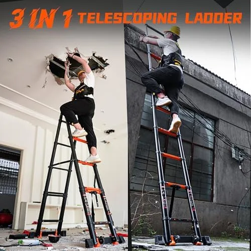 RENGUE Telescoping Ladder A Frame, 14FT Portable Extension Ladder with Stabilizer Bar Aluminum Folding Step Ladder Collapsible for Household Black - Image 8