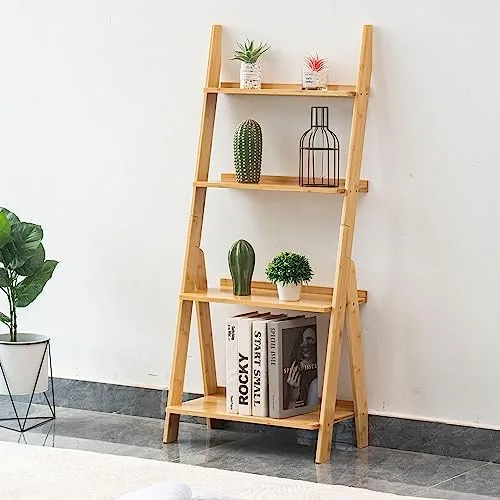 DOUSY 4-Tier Ladder Shelf, Bamboo Ladder Bookshelf Leaning Bookshelf Trapezoid Bookshelf Storage Rack Shelf for Living Room, Kitchen, Bathroom, Home Office, Natural - Image 2