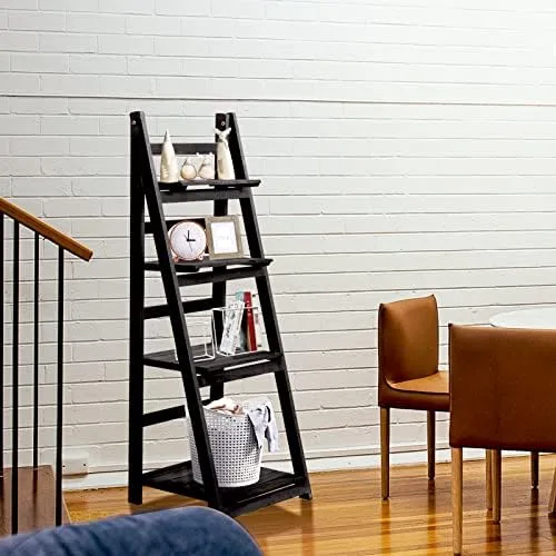 Babion Ladder Shelf, 4-Tier Bookshelf, Industrial Leaning Bookshelves Ladder Bookcase Wooden Shelf with Stable Frame Plant Stand Storage Rack Shelf for Kitchen, Bathroom-Black - Image 5