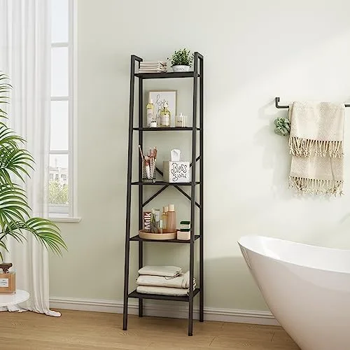 Hoctieon 5-Tier Industrial Ladder Bookshelf, Narrow Ladder Shelf, Tall Standing Bookshelf, Skinny Open Ladder Shelf, for Living Room, Home Office, Kitchen, Bedroom, Metal Frame, Black - Image 7