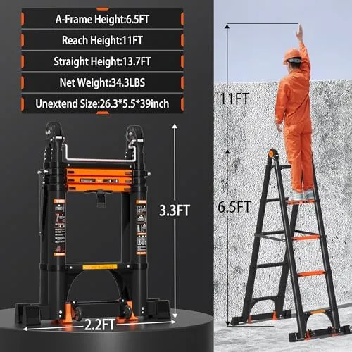 RENGUE Telescoping Ladder A Frame, 14FT Portable Extension Ladder with Stabilizer Bar Aluminum Folding Step Ladder Collapsible for Household Black - Image 3