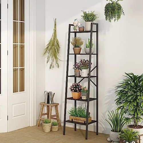 Hoctieon 5-Tier Industrial Ladder Bookshelf, Narrow Ladder Shelf, Tall Standing Bookshelf, Skinny Open Ladder Shelf, for Living Room, Home Office, Kitchen, Bedroom, Metal Frame, Black - Image 6