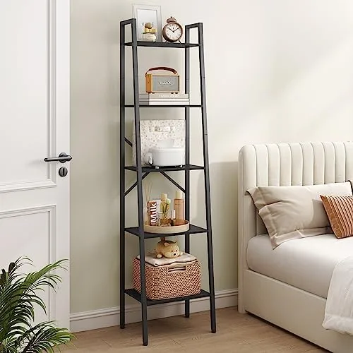 Hoctieon 5-Tier Industrial Ladder Bookshelf, Narrow Ladder Shelf, Tall Standing Bookshelf, Skinny Open Ladder Shelf, for Living Room, Home Office, Kitchen, Bedroom, Metal Frame, Black - Image 5