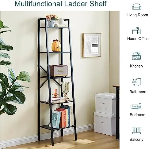 Hoctieon 5-Tier Industrial Ladder Bookshelf, Narrow Ladder Shelf, Tall Standing Bookshelf, Skinny Open Ladder Shelf, for Living Room, Home Office, Kitchen, Bedroom, Metal Frame, Black - Image 9