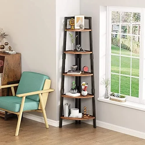 ALISENED 5 Tier Corner Shelf, 68.9" Wood Tall Ladder Bookshelf, Industrial Plant Stand Storage Shelving with Metal Frame for Bedroom, Library, Living Room, Home, Office, Rustic Brown - Image 7