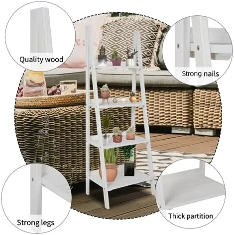 ECOMEX 4 Tier Ladder Shelf, Wooden Ladder Shelf 4 Tier Bookshelf Rustic Ladder Shelf Freestanding Storage Rack for Home Bedroom Office, Non-Foldable White - Image 5