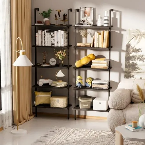 aboxoo Ladder Shelf Open Bookshelf 5-Tier Wall-Mounted Black Wood Bookcase Storage Rack Open Industrial Modern Plant Stand Utility Organizer Bookcase Metal Frame Furniture Office Kitchen Bedroom - Image 9