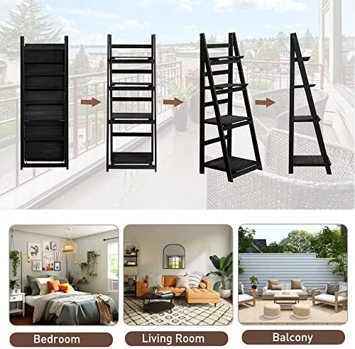 Babion Ladder Shelf, 4-Tier Bookshelf, Industrial Leaning Bookshelves Ladder Bookcase Wooden Shelf with Stable Frame Plant Stand Storage Rack Shelf for Kitchen, Bathroom-Black - Image 8