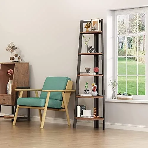 ALISENED 5 Tier Corner Shelf, 68.9" Wood Tall Ladder Bookshelf, Industrial Plant Stand Storage Shelving with Metal Frame for Bedroom, Library, Living Room, Home, Office, Rustic Brown - Image 5