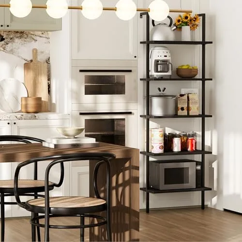 aboxoo Ladder Shelf Open Bookshelf 5-Tier Wall-Mounted Black Wood Bookcase Storage Rack Open Industrial Modern Plant Stand Utility Organizer Bookcase Metal Frame Furniture Office Kitchen Bedroom - Image 7