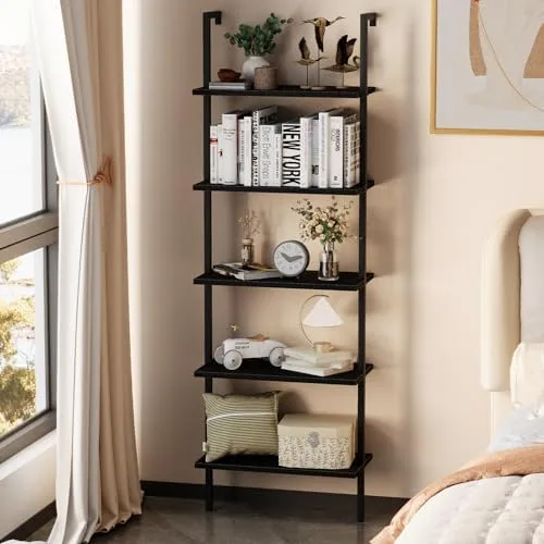 aboxoo Ladder Shelf Open Bookshelf 5-Tier Wall-Mounted Black Wood Bookcase Storage Rack Open Industrial Modern Plant Stand Utility Organizer Bookcase Metal Frame Furniture Office Kitchen Bedroom - Image 3