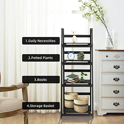Babion Ladder Shelf, 4-Tier Bookshelf, Industrial Leaning Bookshelves Ladder Bookcase Wooden Shelf with Stable Frame Plant Stand Storage Rack Shelf for Kitchen, Bathroom-Black - Image 7