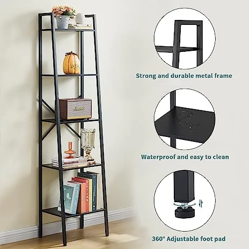 Hoctieon 5-Tier Industrial Ladder Bookshelf, Narrow Ladder Shelf, Tall Standing Bookshelf, Skinny Open Ladder Shelf, for Living Room, Home Office, Kitchen, Bedroom, Metal Frame, Black - Image 10