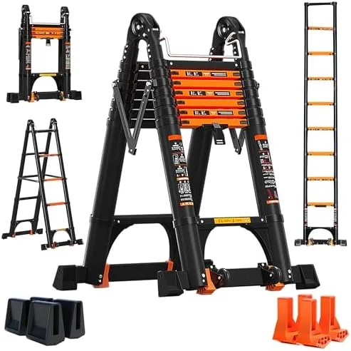 RENGUE Telescoping Ladder A Frame, 14FT Portable Extension Ladder with Stabilizer Bar Aluminum Folding Step Ladder Collapsible for Household Black - Image 2