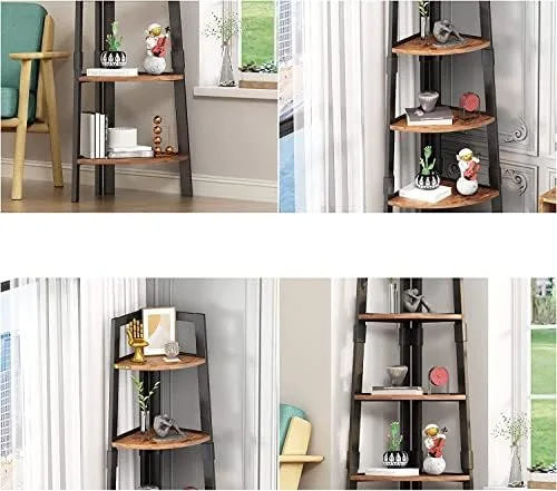 ALISENED 5 Tier Corner Shelf, 68.9" Wood Tall Ladder Bookshelf, Industrial Plant Stand Storage Shelving with Metal Frame for Bedroom, Library, Living Room, Home, Office, Rustic Brown - Image 6