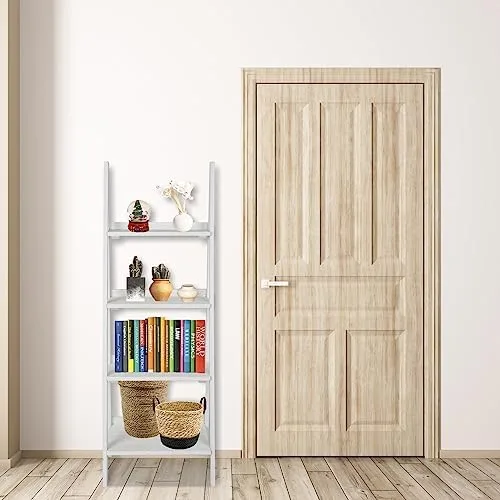 ECOMEX 4 Tier Ladder Shelf, Wooden Ladder Shelf 4 Tier Bookshelf Rustic Ladder Shelf Freestanding Storage Rack for Home Bedroom Office, Non-Foldable White - Image 3