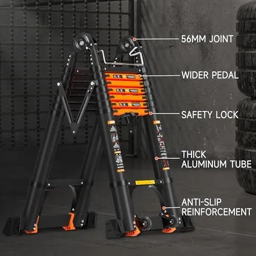 RENGUE Telescoping Ladder A Frame, 14FT Portable Extension Ladder with Stabilizer Bar Aluminum Folding Step Ladder Collapsible for Household Black - Image 5