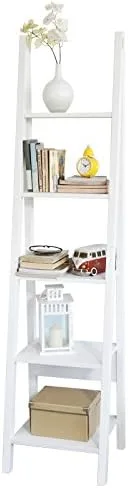 Haotian FRG101-W, White Modern 5 Tiers Ladder Shelf, Storage Display Shelving Wall Shelf Bookcase - Image 2