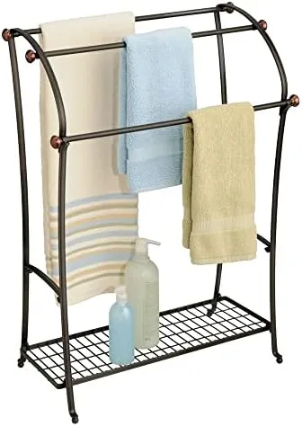 mDesign Large Standing Metal Bathroom Towel Holder Stand with Shelf - 3-Tier Towel Rack Stand for Hanging Bath, Hand, Fingertip Towels - Towel Stand for Bathroom - Hyde Collection - Bronze/Warm Brown - Image 2