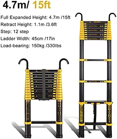Black Telescoping Ladder with Hook, 5m/ 4m/ 3m/ 2m Tall Aluminium Telescopic Ladder, Extension Ladders for Home RV Loft Outdoor, Load 150kg (Size : 4.7m/15ft) - Image 7