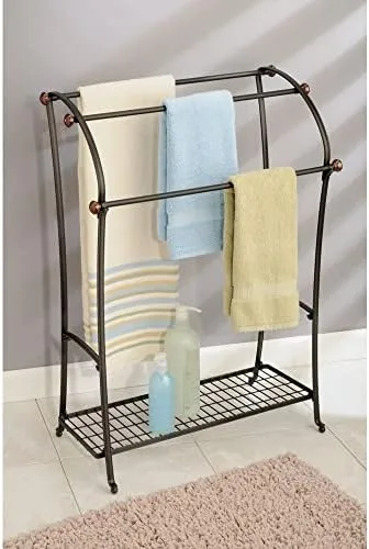 mDesign Large Standing Metal Bathroom Towel Holder Stand with Shelf - 3-Tier Towel Rack Stand for Hanging Bath, Hand, Fingertip Towels - Towel Stand for Bathroom - Hyde Collection - Bronze/Warm Brown - Image 3